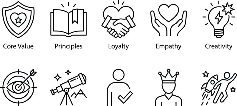 Ten thin line icons representing core values principles loyalty empathy creativity and success development.