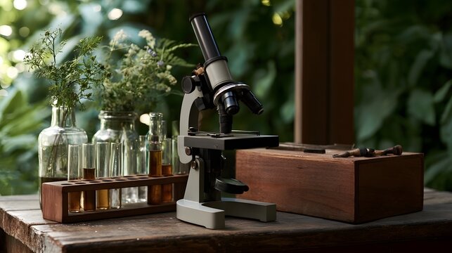 A calm and tranquil still life featuring a microscope and test tubes highlighting earthy tones and rustic textures