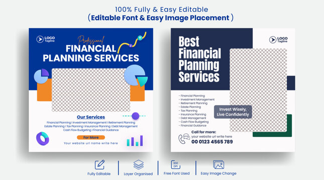Corporate Financial Services Social Media Templates, Accounting Tax Audit Instagram Banner Ads Pack, Investment Promotion Design Kit, offering expert financial planning and investment advice