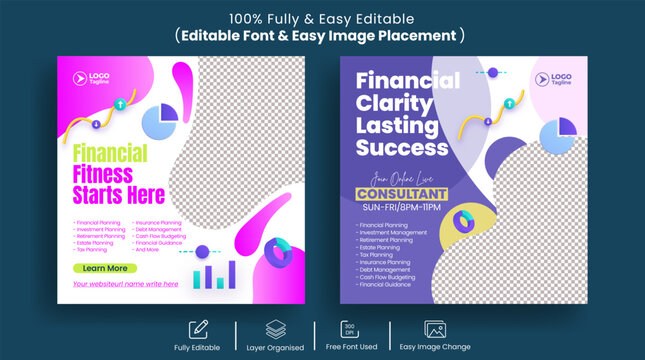 Editable Financial Planning Social Media Templates, Accounting Tax Service Instagram Banner Ads Pack, Corporate Promotion Design Collection for investment and wealth management