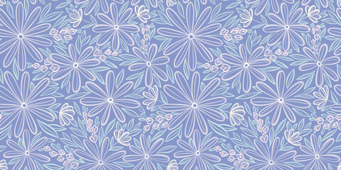 Fototapeta premium Cool tone hand drawn floral pint seamless pattern, vector daisy flower wallpaper