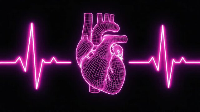 Glowing neon wireframe human heart with heartbeat pulse line on black background