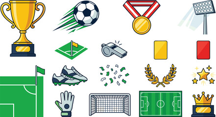 Soccer championship equipment vector icon set featuring gold trophy medal soccer field goal net whistle and cleats isolated on white background © MdAbusufian