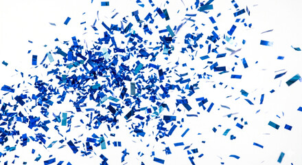 Fototapeta premium Ultra realistic blue confetti pieces flying, festive celebration effect, isolated on white background, graphic overlay
