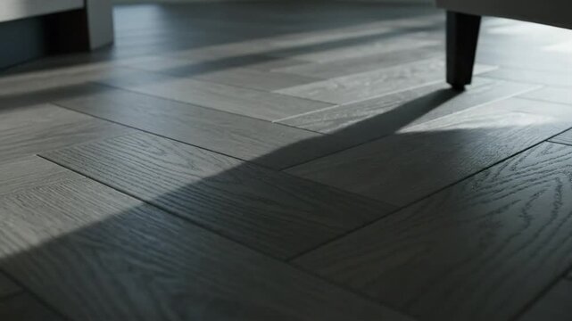 Herringbone wooden floor close up detail with a shadow from a piece of furniture in a room with diffused light
