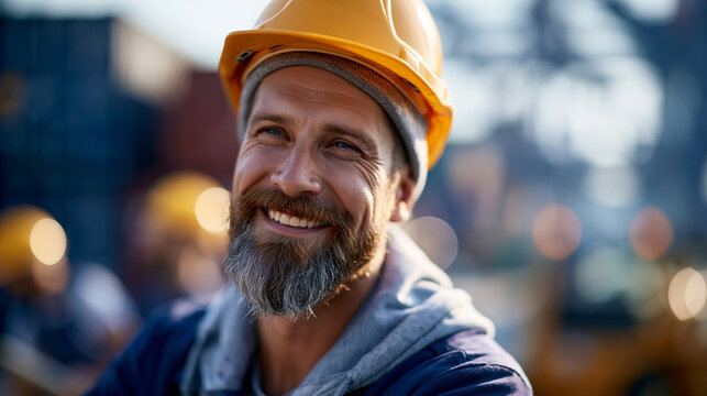 A wide shot of a smiling engineer wearing softly a calm uniform and bright hard hat standing in a container yard container engineer open face bright outdoors soft