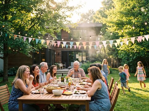 A group of people sitting around a wooden table in a backyard with a colorful banner and string lights