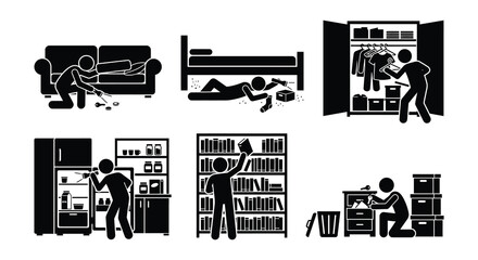 Obraz premium Household chore icons depicting cleaning activities flat vector silhouettes
