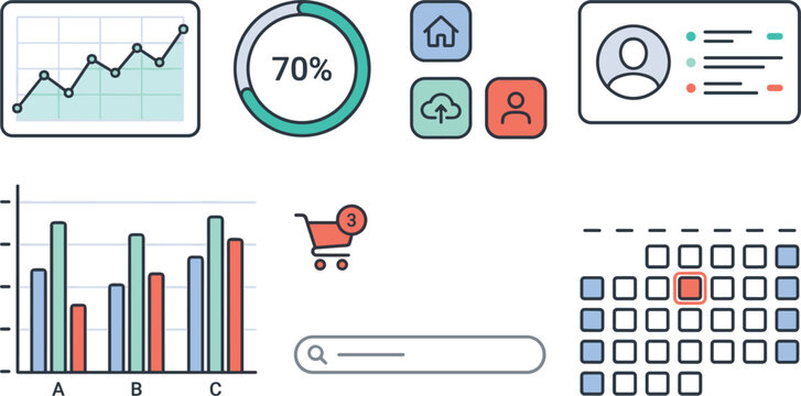 Web dashboard user interface elements set with financial business data analytics charts isolated on white background