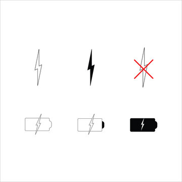 Battery charging icons set, lightning bolt power symbols in black and white, electric energy status indicators for mobile interface design, 6 vector elements for UI UX