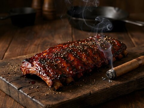 Smoked pork ribs with seasoning on a wooden board delicious barbecue and a lit cigar.