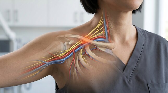 Arm shoulder junction features a detailed overlay of the brachial plexus nerves and vascular structure positioned over a human subject to facilitate anatomical learning in a modern clinical facility.
