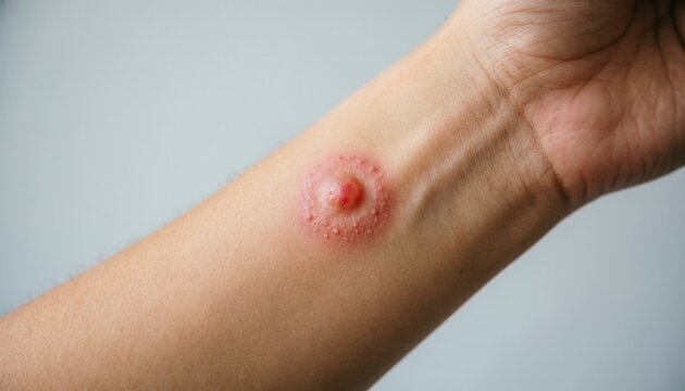 Close-up of red inflamed insect bite with central pustule on wrist surrounded by small vesicular papules indicating severe allergic reaction or localized bacterial skin infection in clinical setting.
