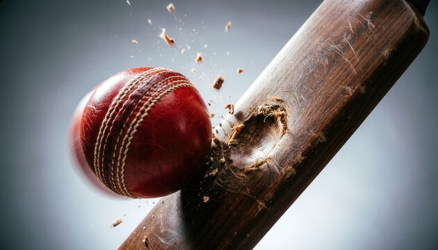 Close-up red leather cricket ball forcefully impacting dark wooden bat, splintering wood and sending debris flying in dynamic high speed action sports photography.