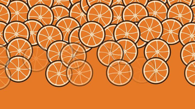 Cute Slice Orange Fruit Background with Kawaii Seamless Loop. Animated Playful Seamless Pattern of Flat Citrus Slices Motion Graphic Wallpaper.