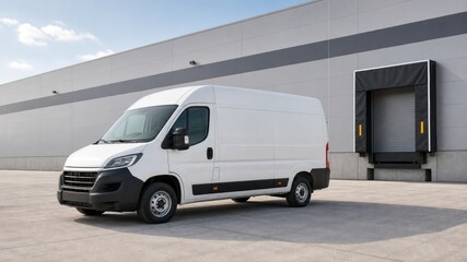 White delivery van parked outside a warehouse during daytime with clear sky and grey building in the background © Рудой Максим