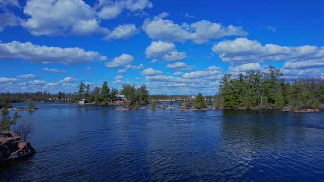 Trent Severn Waterway Burleigh Historical landmark with Falls Bridge aerial view. Location near Wolf Island Park. Kawartha Highlands and Petroglyphs Park