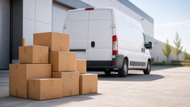 Delivery van parked near stacked boxes at a loading dock during the day