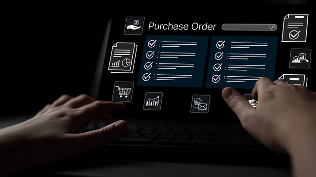 Digital Interface Displaying Purchase Order Dashboard with Checklists and Icons on Laptop Screen in Dark Environment. Bitwise.