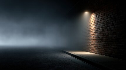 Naklejka premium Dark foggy street at night with illuminated brick wall