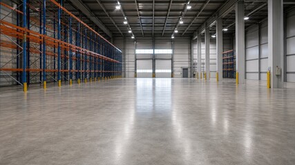 Fototapeta premium Large warehouse interior with empty floor space and shelves against the wall ready for storage