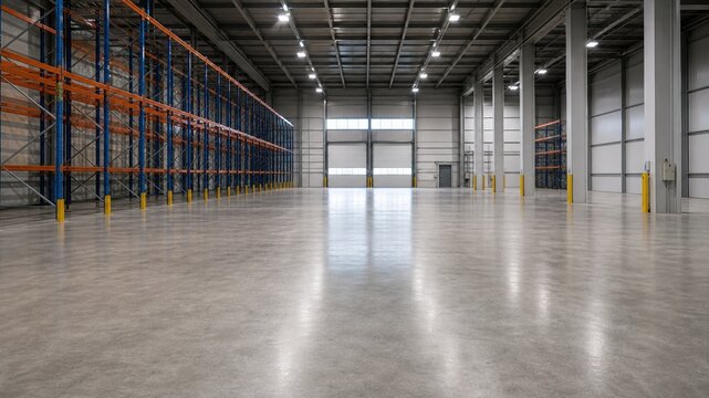 Large warehouse interior with empty floor space and shelves against the wall ready for storage