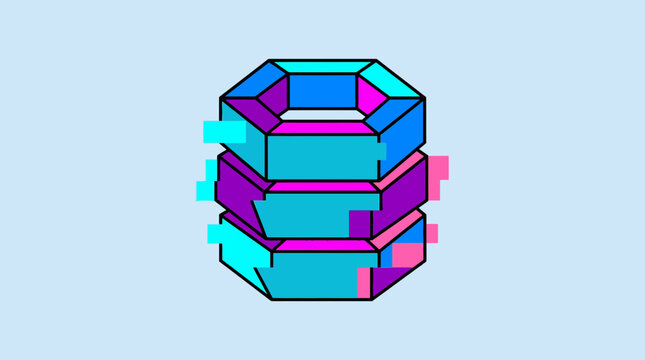 3D stacked glitch rings with cyan and magenta.