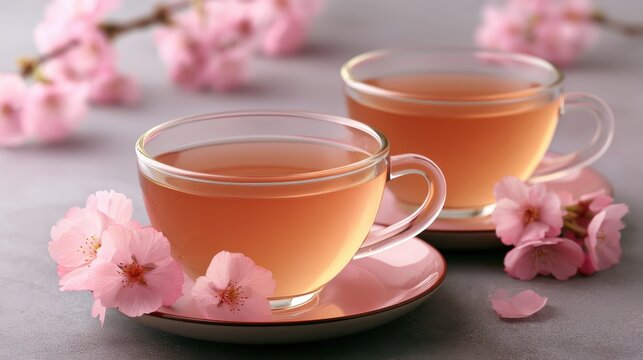 Two cups of tea with pink cherry blossoms on a grey background