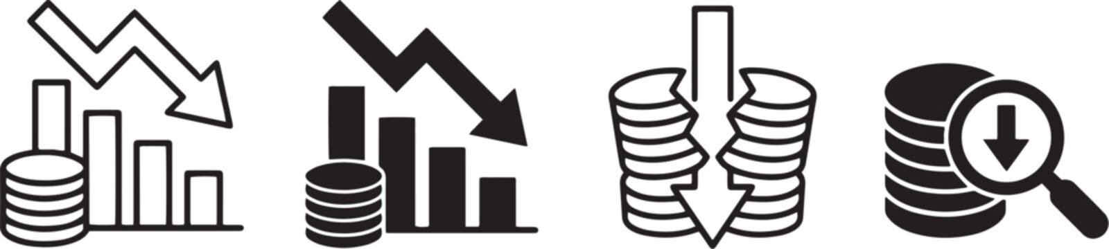 Declining stock arrow with coin stack icon set downward bar chart, dollar sign outline and solid black styles. Financial loss and recession symbols market decline, business downturn economic crisis