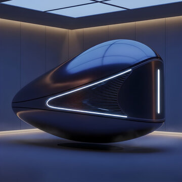 Futuristic sleek black capsule pod design floating in a minimalist modern room with neon lighting