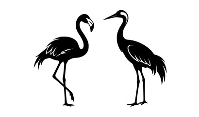 Fototapeta premium Elegant Flamingo and Crane Bird Silhouette Vector Set Isolated on White Background