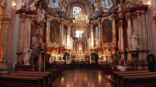 Vilnius, Lithuania &ndash; July 7, 2026: Interior of the Dominican Church of the Holy Spirit from a drone perspective