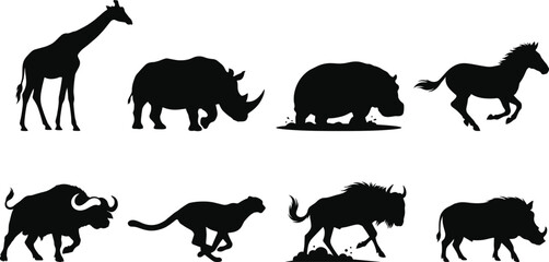 African wildlife silhouette set featuring safari animals including giraffe rhinoceros hippopotamus zebra buffalo cheetah wildebeest and warthog © MstAshida
