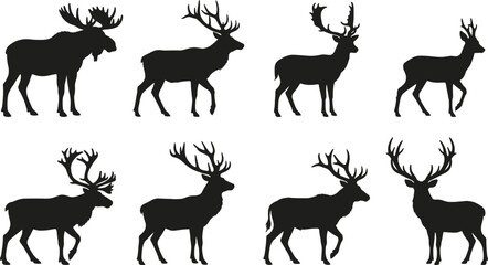 Deer and moose silhouette vector set featuring stag elk reindeer and buck with antlers isolated on white background © MstAshida