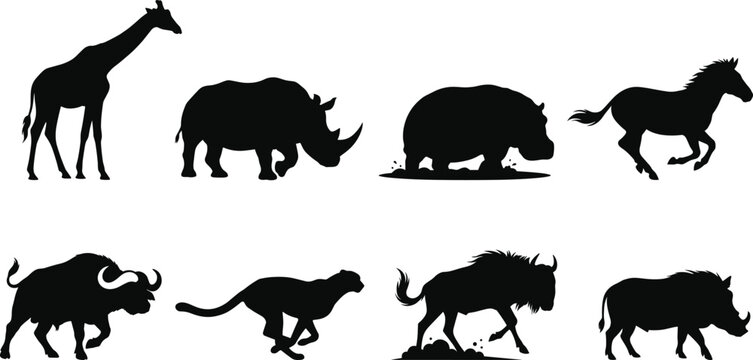 African wildlife silhouette set featuring safari animals including giraffe rhinoceros hippopotamus zebra buffalo cheetah wildebeest and warthog