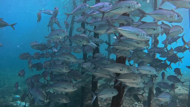 School of Jack fish swirling in Raja Ampat Ocean.