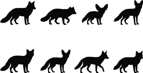 Fox silhouettes set including red fox fennec fox and arctic fox in standing and walking poses © MstAshida