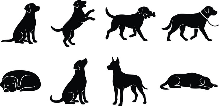 Labrador retriever and domestic dog silhouettes set in various poses including sitting sleeping walking and begging