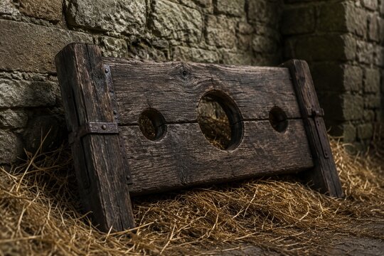 A rough wooden pillory in hay against a stone castle wall.