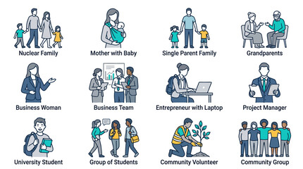 Fototapeta premium Diverse Group of People Icon Set in Contemporary Line Art Style Featuring Family Portraits Business Executives Students and Community Members for Web Design Apps and Marketing Materials
