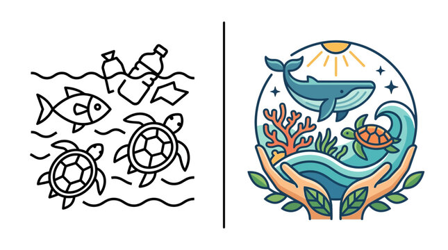 Marine life conservation and ocean plastic pollution concepts.