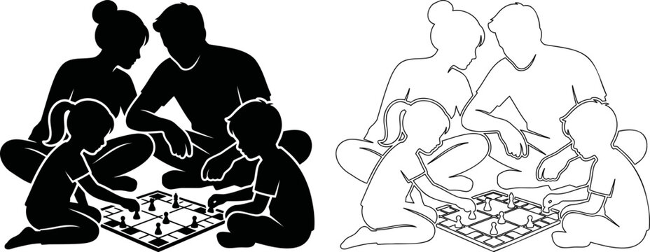 Family playing tabletop game on floor vector, parents and kids leisure activity silhouette bundle