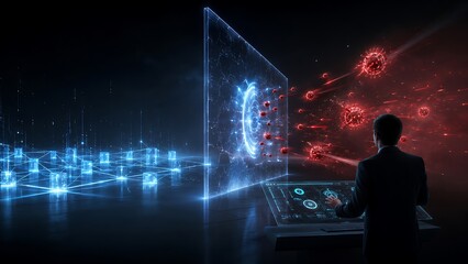 Obraz premium AI Firewall Blocking Malware Attack Across Enterprise Infrastructure