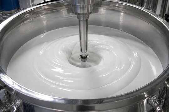 White slurry rotating inside a polished industrial mixing tank, creating smooth ripples on the surface.