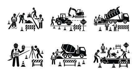 Construction Workers And Machinery Vector Illustration Set Black And White © MdNirob