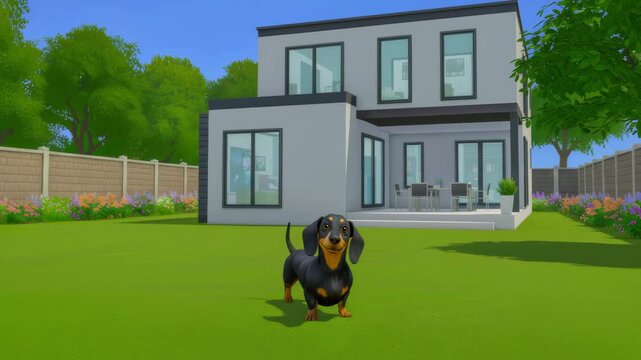 3D dachshund dog standing in front of a modern house with a garden, cute pet, modern home, real estate, suburban lifestyle.