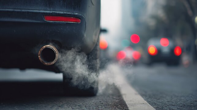 Exhaust fumes emitting from a car tailpipe on a busy urban street with blurred traffic lights and vehicles in the background during a cold day