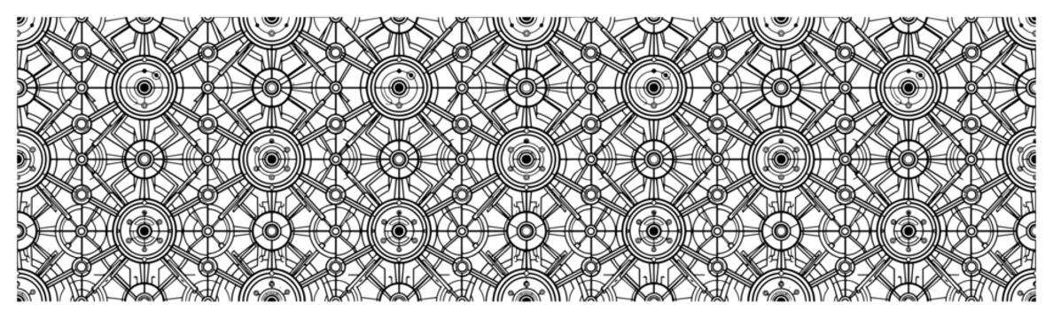 Geometric mechanical blueprint pattern with intricate gear and circle motifs in technical line art style