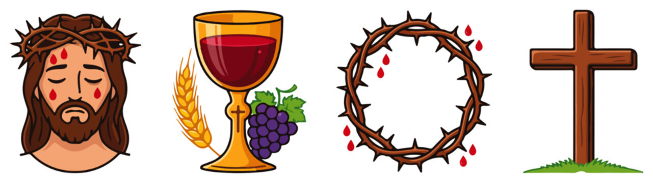 Jesus Christ bleeding face holy chalice crown of thorns and wooden cross colorful cartoon icon set for easter