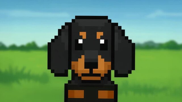 Pixel art dachshund dog in a grassy game world, pixel pet, gaming character, cute dog, retro style.